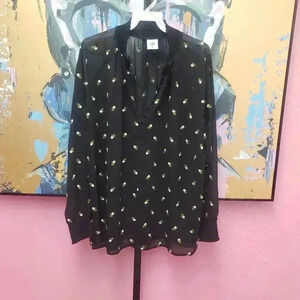 CAbi #5338 Embroidered Floral Black Peasant Top
